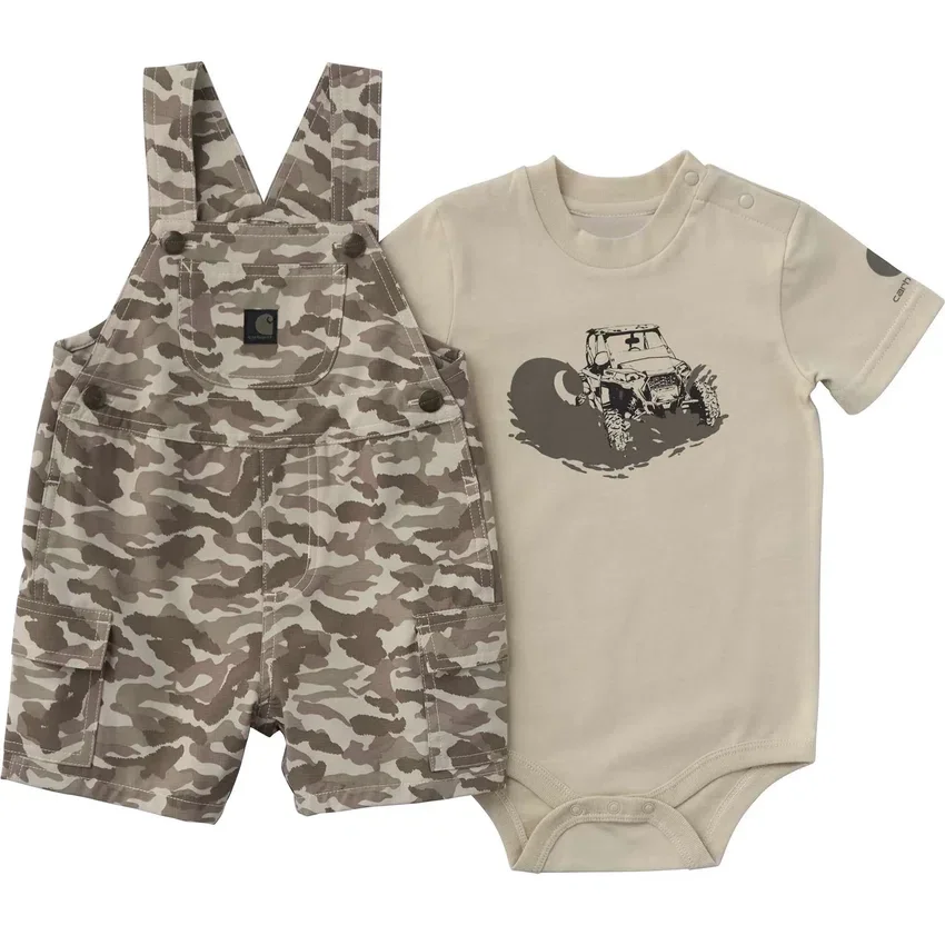 Erkek Çocuklar İçin 2 Parçalı Kısa Kolluklu Bodysuit ve Kamuflaj Desenli Kargo Cepli Şort Set (Bebek)