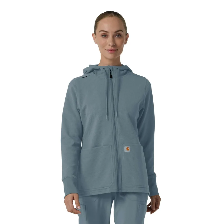 Kadın Tam Fermuarlı Waffle Scrub Kapüşonlu Sweatshirt
