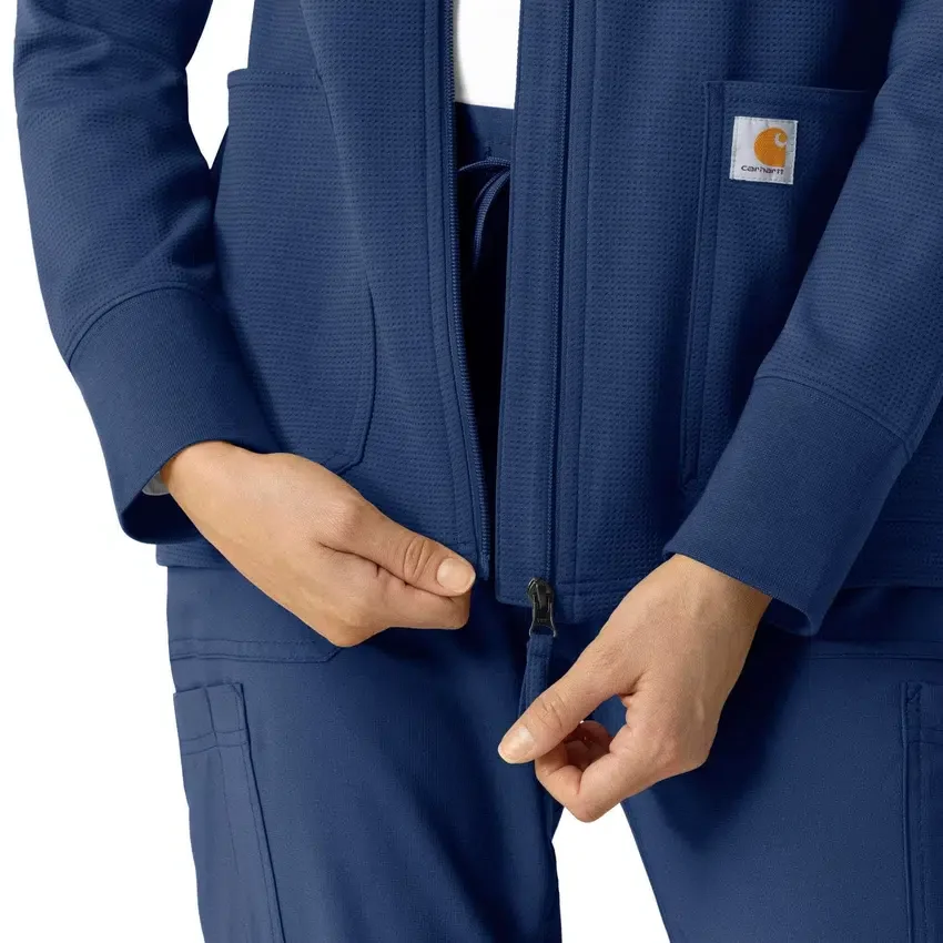 Kadın Tam Fermuarlı Waffle Scrub Kapüşonlu Sweatshirt
