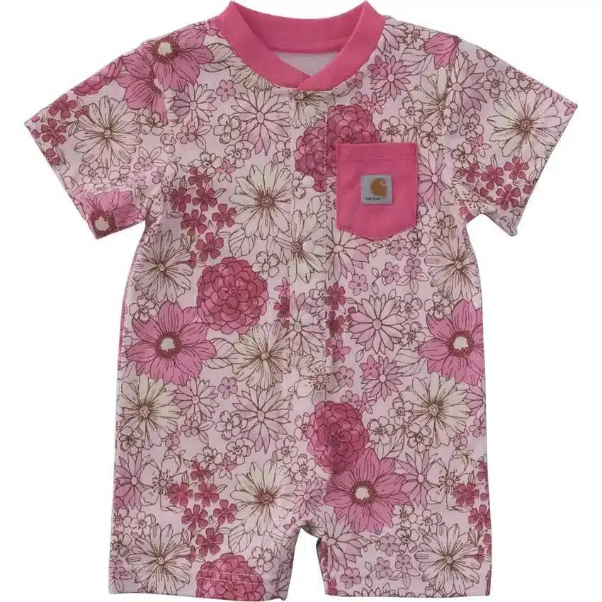 Kız Çocukları İçin Kısa Kolluklu Çiçek Desenli Henley Cepli Tulum (Bebek)